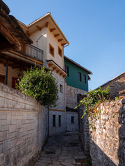 Fototapeta premium Quiet village life in the low tourist season on an island on Lake Pamvotida in Ioannina, Greece