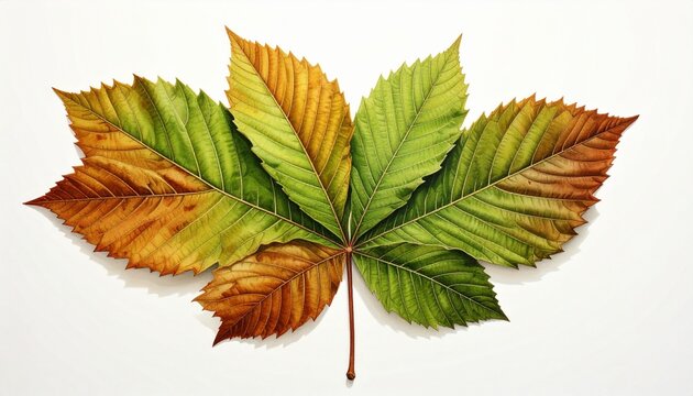 Close-up of a vibrant autumn leaf with a mix of green, orange, and brown colors.