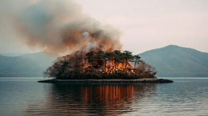 Fototapeta premium Burning Island in a Japanese Lake