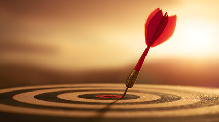 dartboard. A red dart perfectly lodged in the bullseye of a dartboard, bathed in warm sunset light for a dramatic effect. inspiring travel planning.