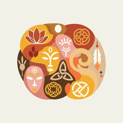 Abstract composition of spiritual and cultural symbols.