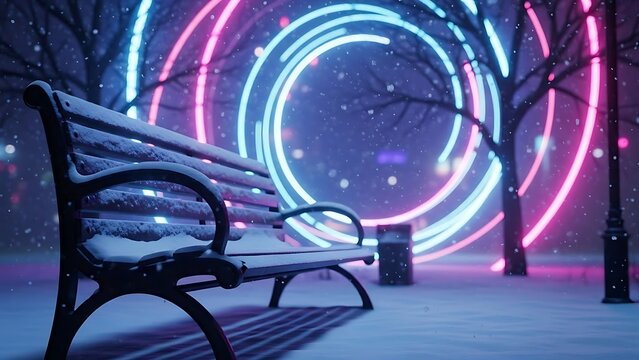 Snowy park bench with vibrant neon lights on a winter night with bare trees and falling snowflakes in a serene urban landscape with snowy bench - Powered by Adobe