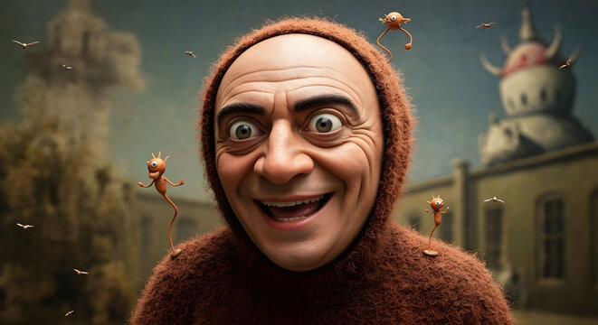 Wild man wearing furry hoodie brown sprites town square