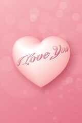 I Love You calligraphy on white pearl heart balloon with soft bokeh blurred pink background