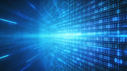 Abstract visualization of digital data stream with binary code and light trails, representing technology, information flow, and digital communication in a futuristic cyber environment.