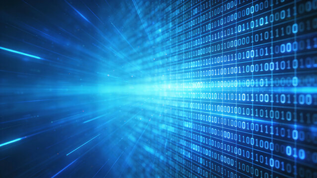 Abstract visualization of digital data stream with binary code and light trails, representing technology, information flow, and digital communication in a futuristic cyber environment. - Powered by Adobe