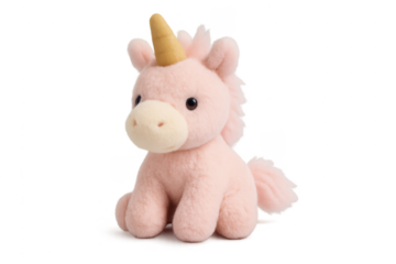 Pink unicorn plush toy with golden horn on transparent background