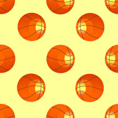 Colorful basketball pattern on yellow background. Seamless pattern of basketball. Bright basketball seamless pattern. Fun and vibrant basketball pattern for kids.