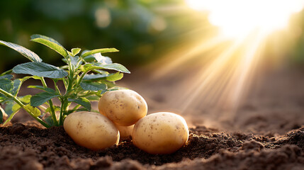 Fresh potatoes growing in soil with morning sunlight. Concept of organic farming, agriculture, harvest, and natural food production.
