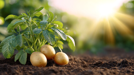 Fresh potatoes growing on fertile soil in sunlight. Organic agriculture, harvest, healthy vegetables, and farming concept with sun rays in the background.
