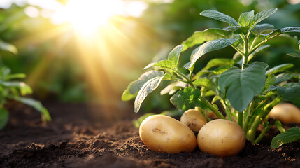 Fresh potatoes growing in soil under sunlight in a green garden. Organic agriculture concept with natural morning light and fertile earth.
