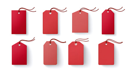 Set of eight red blank price tags with strings, isolated on white background. Perfect for promotions, sales, discounts, or branding design projects.

