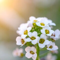 Fototapeta premium Close-up of Delicate White Flowers with Yellow Centers Blooming in Sunlight.