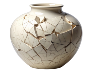 Cracked Vase Split into Two Uneven Halves, upright composition, isolated on transparent background