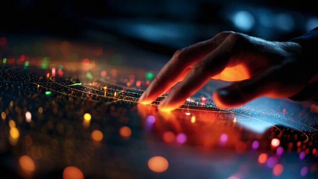 A Captivating Glimpse into the Interaction between Technology and Human Touch: Illuminated Patterns of Data and Light Emerge as a Hand Engages with a Digital Interface Full of Colors.