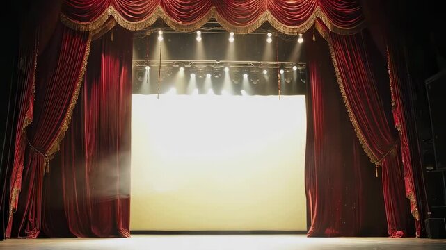 stage awaits silence, vintage atmosphere builds with anticipation as curtain rises on grand stage
