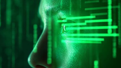 Green digital face profile with scanning lines representing biometric technology interface - Powered by Adobe