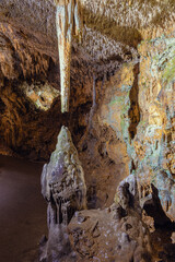 Colorful stalagmites and stalactites with algae and lichen in the Bear Cave, named after the numerous cave bear skeletons