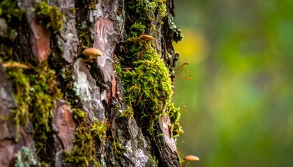 Obraz premium Close-up of a textured tree bark covered in vibrant green moss and small fungi.