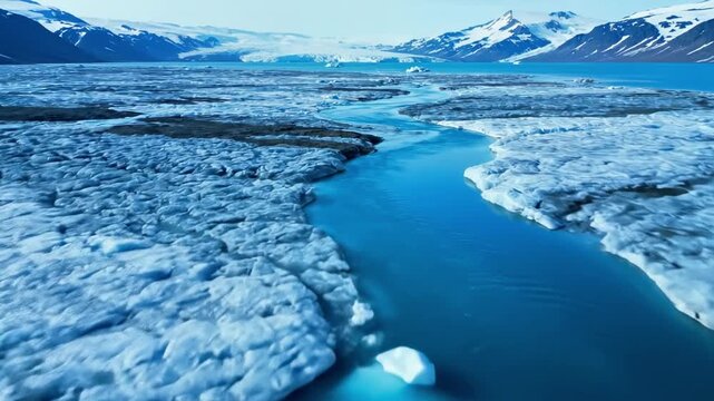 Aerial view of a serene blue river flowing through a vast expanse of white ice floes