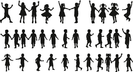 Children silhouette collection featuring boys and girls walking, running, dancing, holding hands, playful active kid poses, vector illustration set