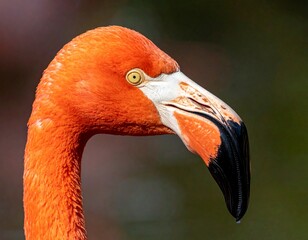 Close-up of a vibrant flamingo head showcasing its unique features and striking colors in natural light.