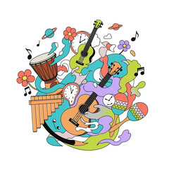 Vibrant Musical Instrument Doodle with Guitars Drums Maracas and Xylophone.