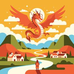 Majestic Red Dragon Soaring Above a Fantasy Landscape.