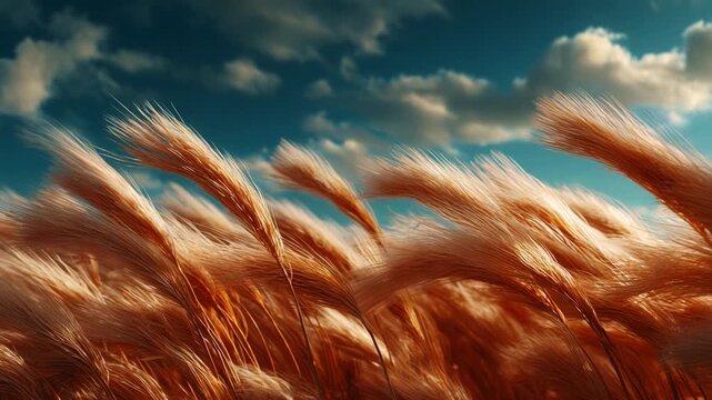 Golden Waves of Wheat Glisten Under a Blue Sky with Fluffy Clouds, Capturing the Essence of Nature's Beauty in a Stunning Landscape of Agricultural Abundance