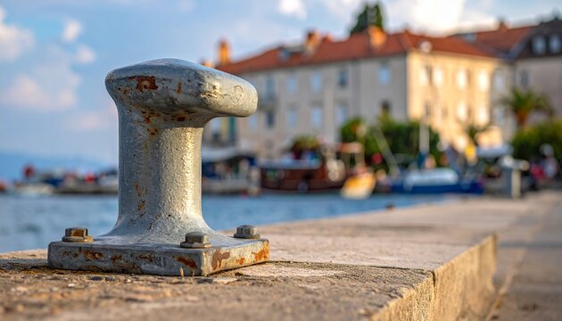 Close-up of a weathered bollard on a concrete pier with a blurred background of buildings and the sea. - Powered by Adobe