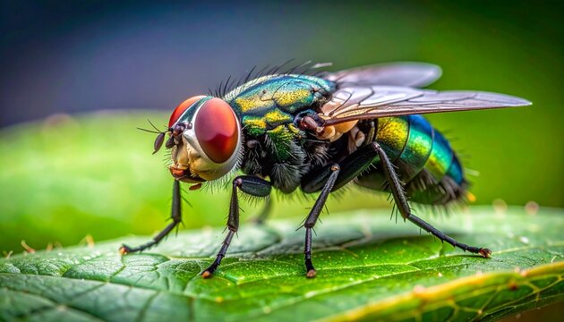 Close-up of a vibrant fly perched on a lush green leaf in natural light.