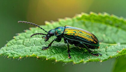 Close-up of a vibrant green beetle perched on a textured leaf in natural sunlight.