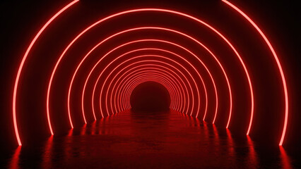A dark space with red neon arches forming a tunnel, creating a futuristic, immersive, and glowing ambiance through lighting and perspective.