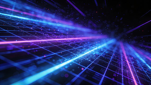 Abstract futuristic tech grid with neon light trails, digital network, cyber space, and glowing data streams, representing technology, innovation, and sci-fi aesthetics. - Powered by Adobe