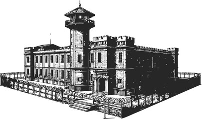 Historic Stone Prison Building With Guard Tower and Outer Wall Detailed Architectural Drawing