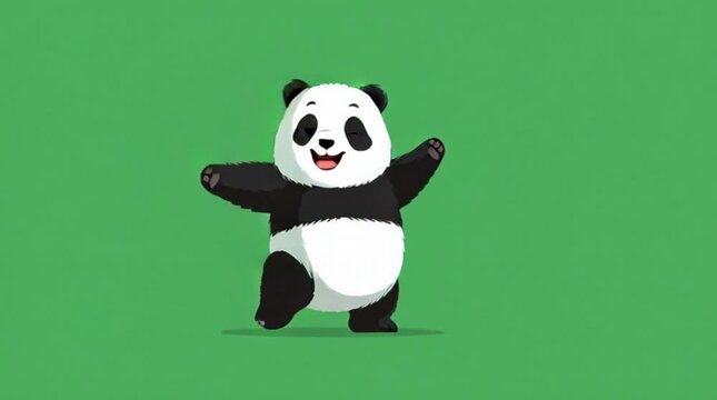 Cartoon panda bear performing a funny dance on a solid green background.
