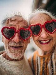 Happy elderly couple with gray hair taking selfie on phone wearing heart shaped glasses