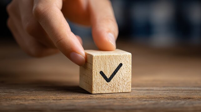 Close up of person's hand holding a wooden cube with a black checkmark symbol on a wooden table, concept of confirmation, success and quality control