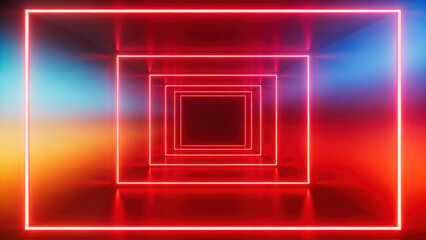 Abstract 3D render of a neon red geometric tunnel with glowing lines, colorful gradient background, creating a futuristic and immersive visual effect.