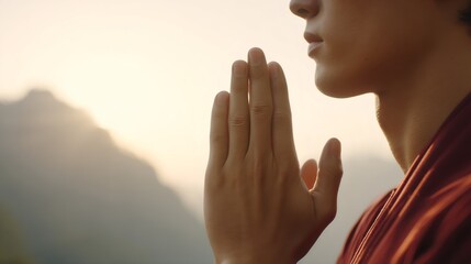 Tibetan monk with hands clasped in prayer position against a mountain backdrop. Spirituality, meditation, and Buddhist religious practice.