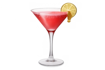Pink cocktail in martini glass with lemon slice garnish and refreshing beverage on transparent background