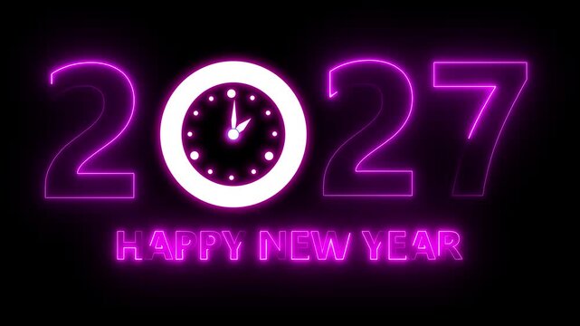 Glowing neon new year 2027 celebration with clock animation. Happy New Year 2027 celebration with blue light abstract clock on futuristic technology background, countdown concept. 4k video animation