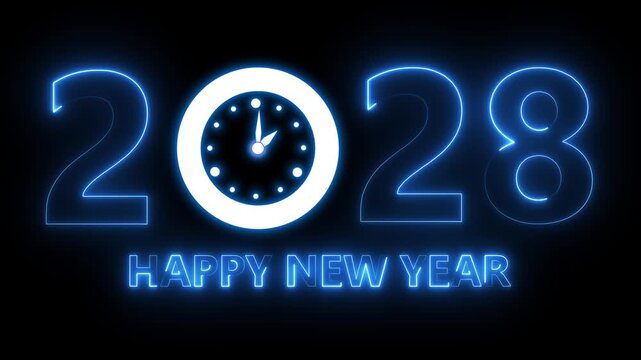 Glowing neon new year 2028 celebration with clock animation. Happy New Year 2028 celebration with blue light abstract clock on futuristic technology background, countdown concept. 4k video animation