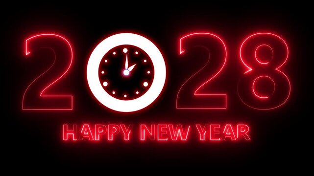 Glowing neon new year 2028 celebration with clock animation. Happy New Year 2028 celebration with blue light abstract clock on futuristic technology background, countdown concept. 4k video animation