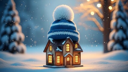 Cozy snowy house with warm lights in a winter wonderland scene