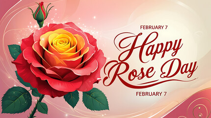  “February 7 Happy Rose Day”, is rendered in a bold, decorative script that sweeps across the center. The overall composition emphasizes a romantic floral design, with soft beige-pink hues and a rose.