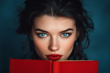 Woman with blue eyes and red lips reading a red book intently