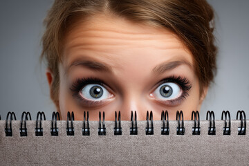 Surprised woman peeking over spiral notebook with wide eyes