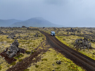 camper van parked in the wild lava field backcountry south of Stykkisholmur on the Snaefellsnes Peninsula
