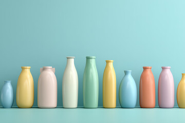 Colorful collection of pastel bottles on a blue background